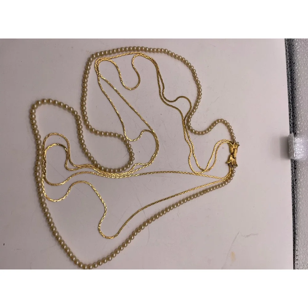 Vintage Crown Trifari© Gold Tone & Faux Pearl‎ Triple Strand Necklace 27